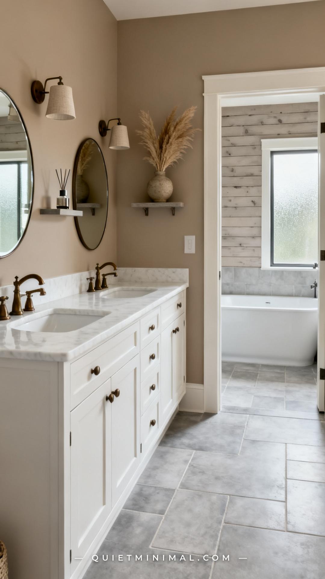 A wide interior photograph of a serene bathroom with warm greige walls and cool-light gray large-format tile floors