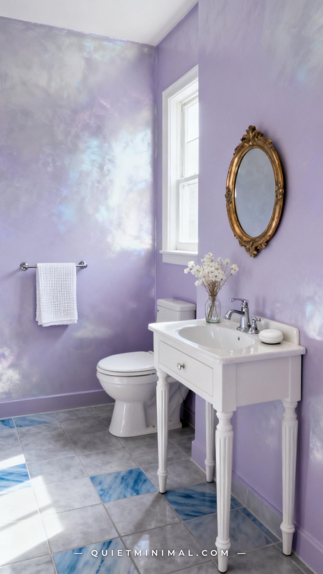 A medium-wide composition showing a bright bathroom with pale silvery lavender walls and cool-toned light gray tile floo