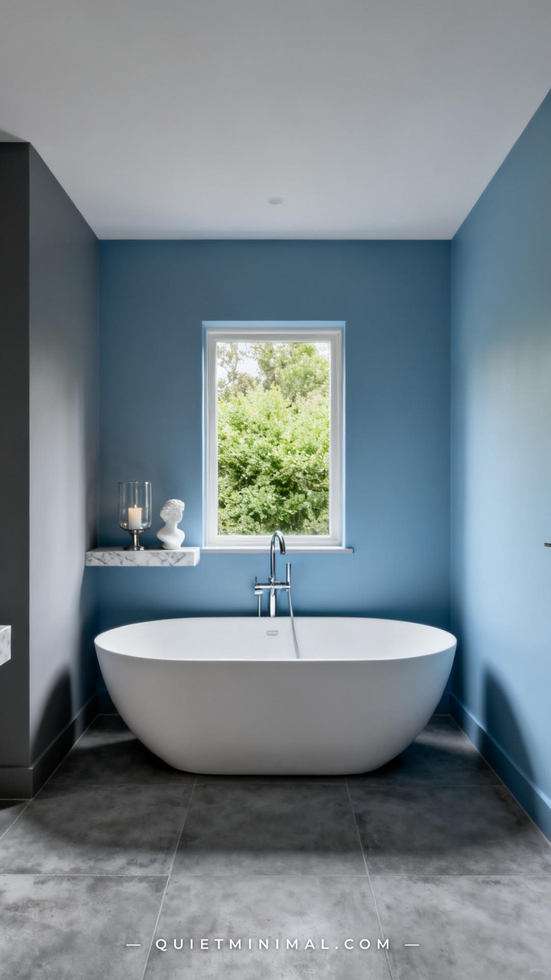 An establishing shot of a large primary bathroom with walls painted in a sophisticated blue-gray — midway between slate