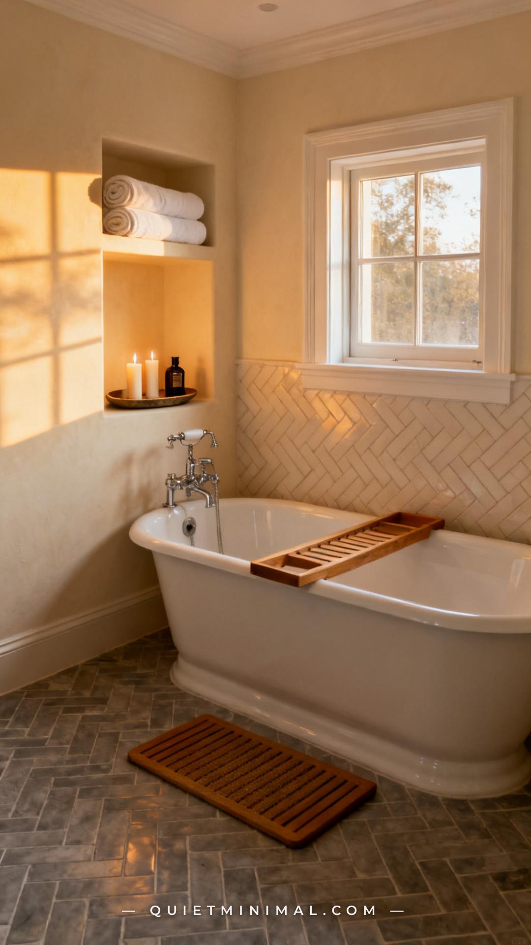 A wide-angle photograph of a classic bathroom with creamy off-white walls and warm gray herringbone-pattern tile floors