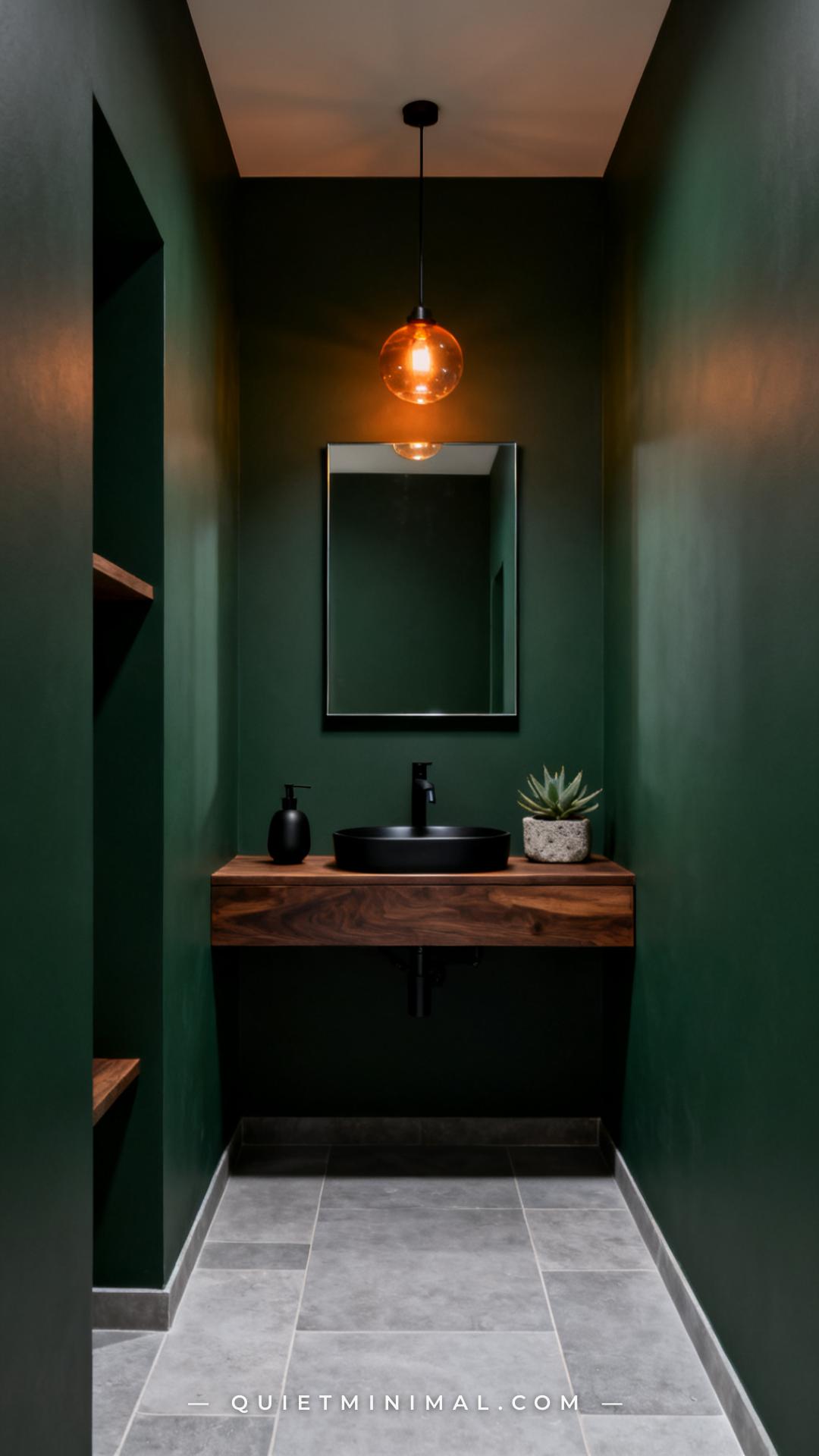 A vertical photograph establishes the full interior of a moody