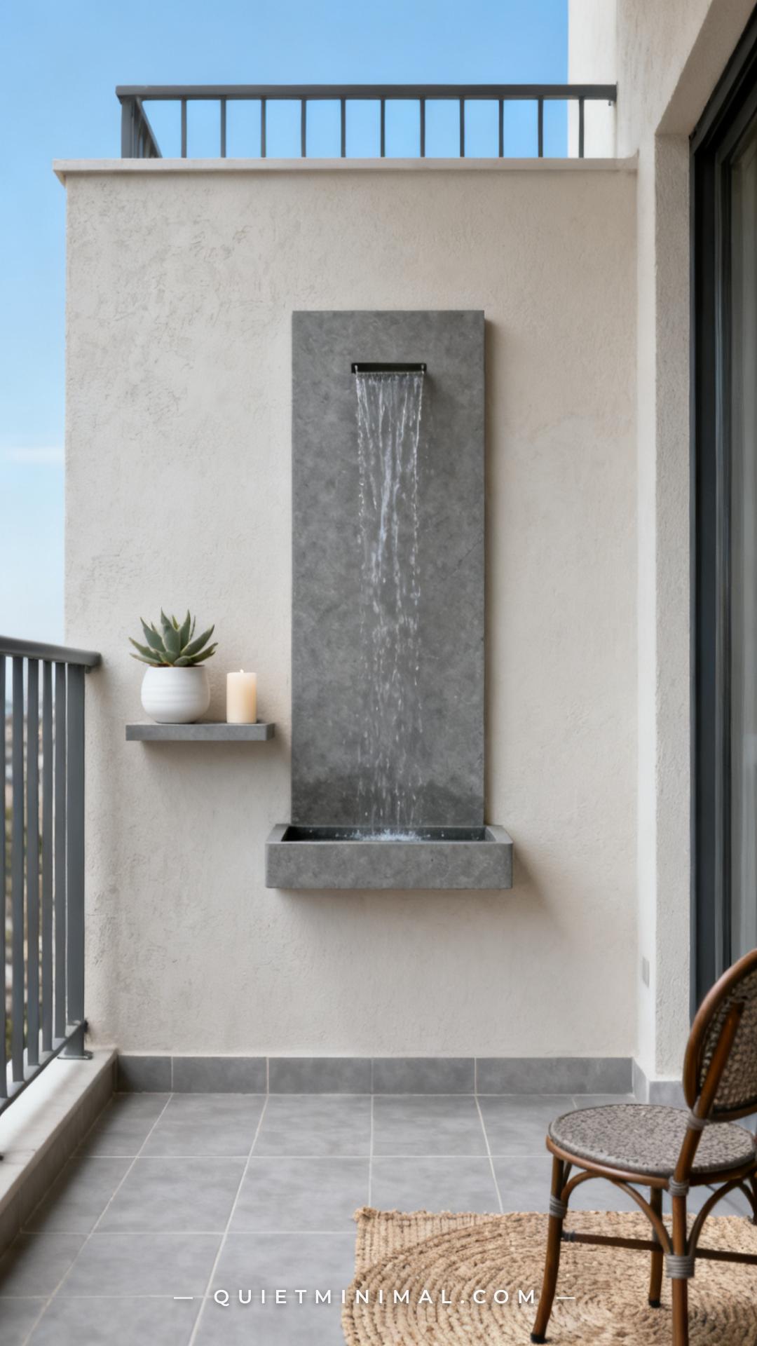 A vertical establishing shot captures a small balcony exterior wall with a slim rectangular wall-mounted water feature i
