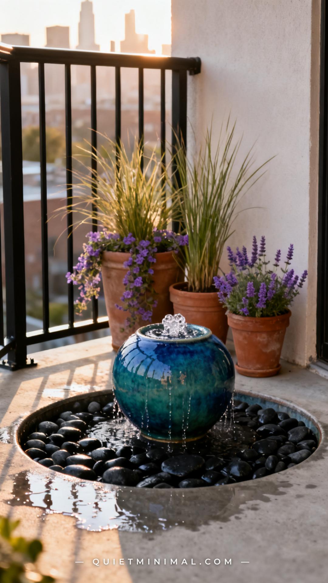 A wide vertical photograph shows a small apartment balcony corner with a glazed ceramic sphere fountain sitting low to t