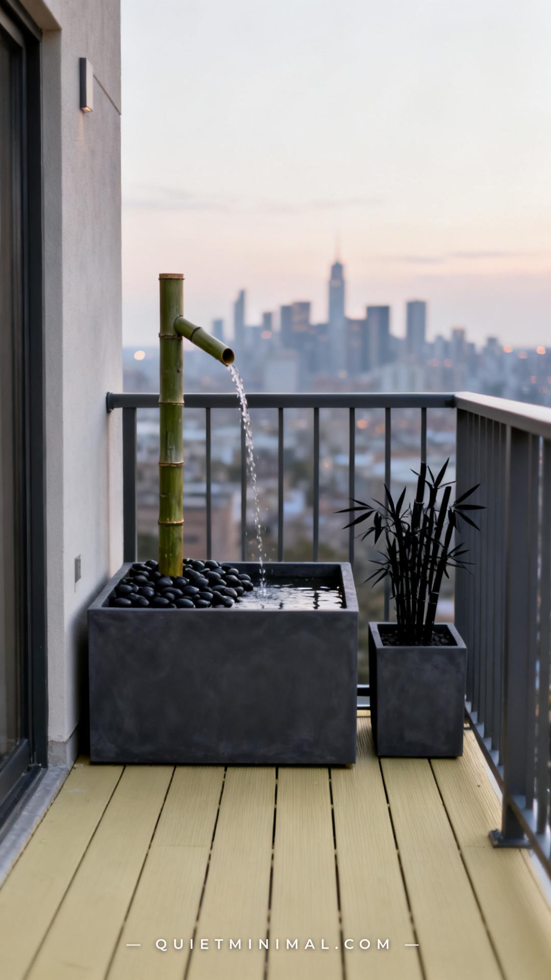 A vertical photograph captures a small balcony scene with a tall bamboo spout fountain installed inside a rectangular da