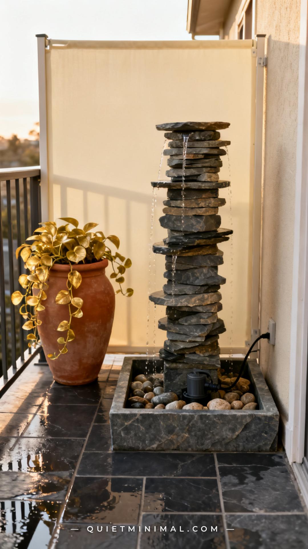 A wide vertical photograph shows a compact balcony corner with a stacked slate pillar fountain standing just under three