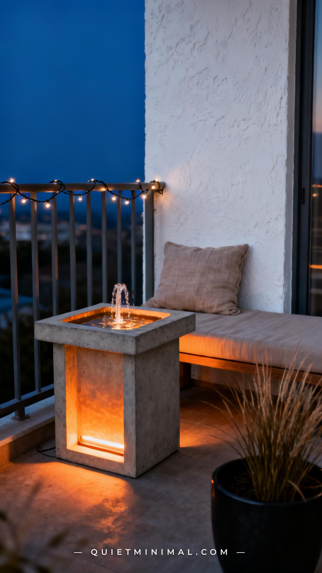A vertical photograph captures a small balcony at dusk with a compact tabletop fountain glowing from integrated warm LED