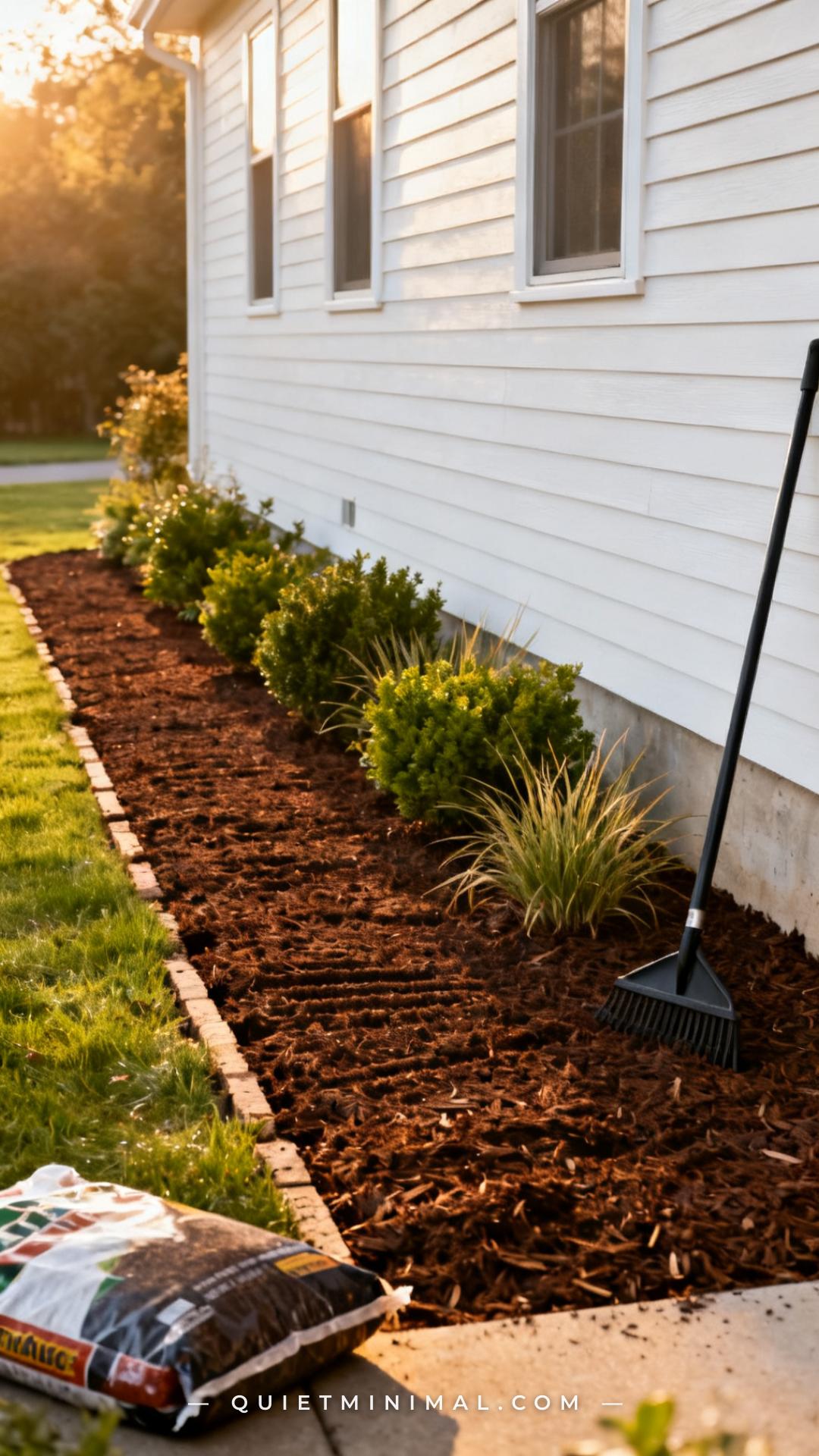 A wide vertical photograph shows a full front-yard garden bed running along the base of a house exterior — white clapboa