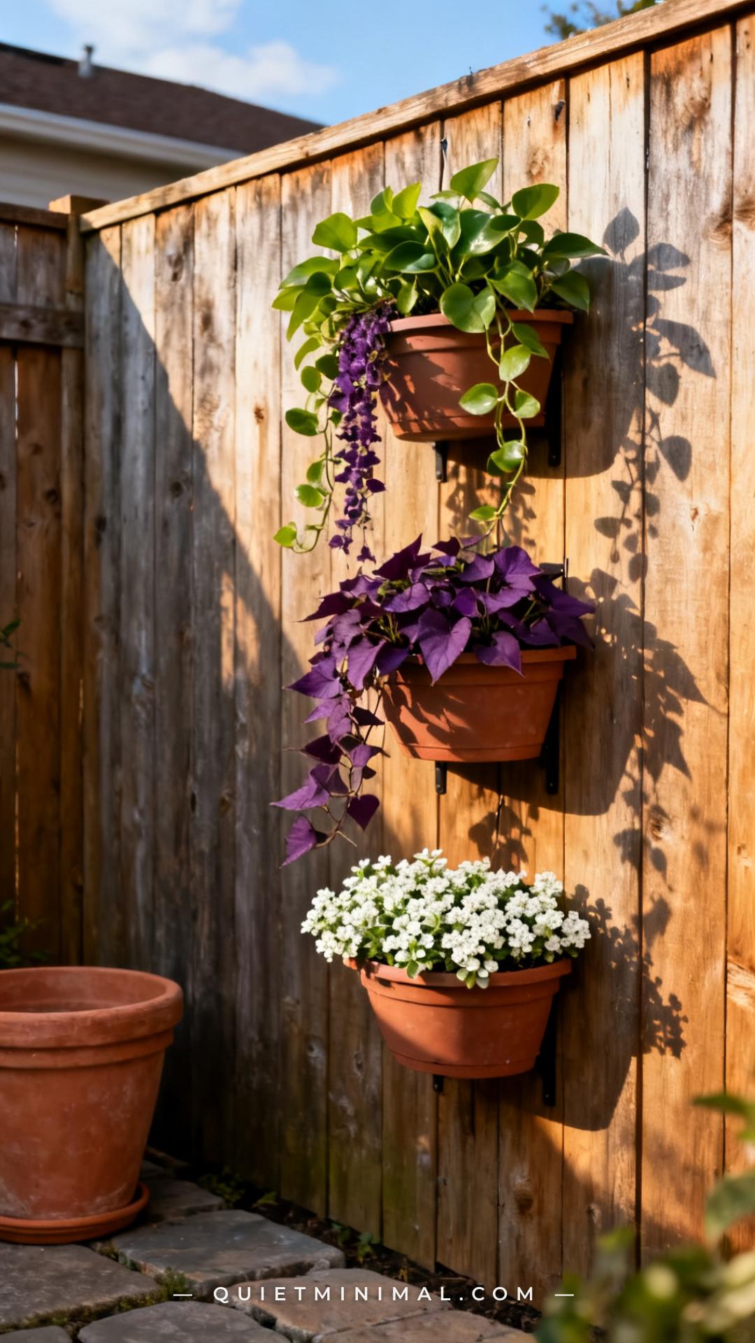 A wide vertical photograph shows a full exterior fence section in a small urban backyard with three tiered hanging wall