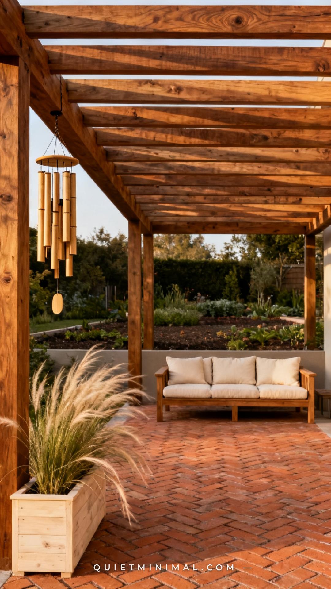 A wide-angle vertical photograph establishes the full length of a wooden pergola over an outdoor patio