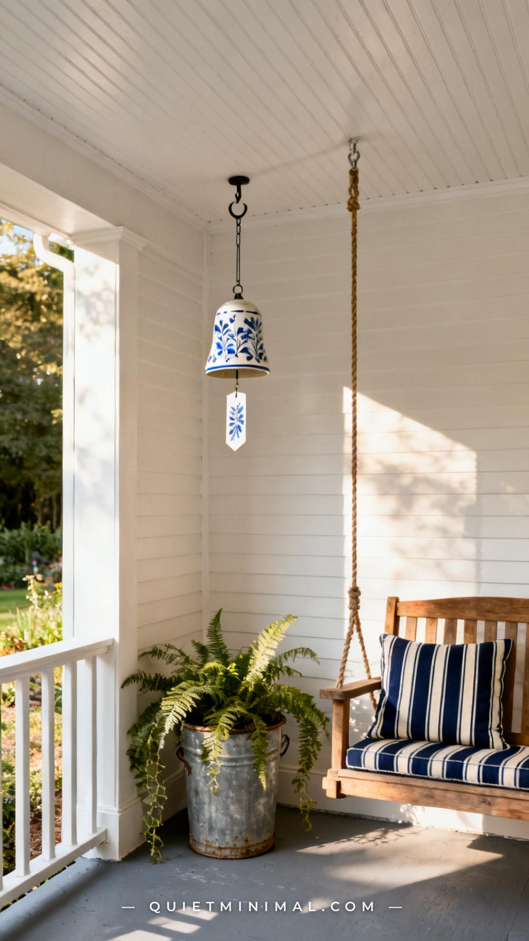A vertical establishing photograph captures a covered front porch corner in warm
