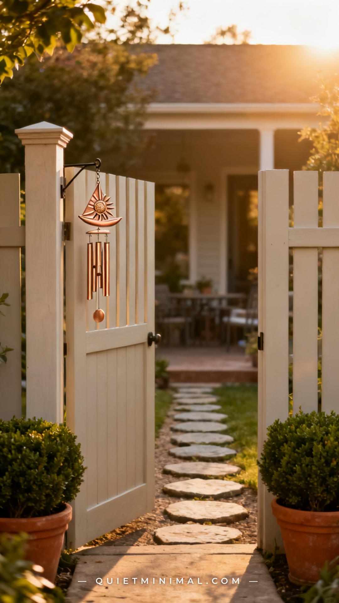 A wide vertical photograph captures a garden entry gate leading from a front path onto a backyard patio