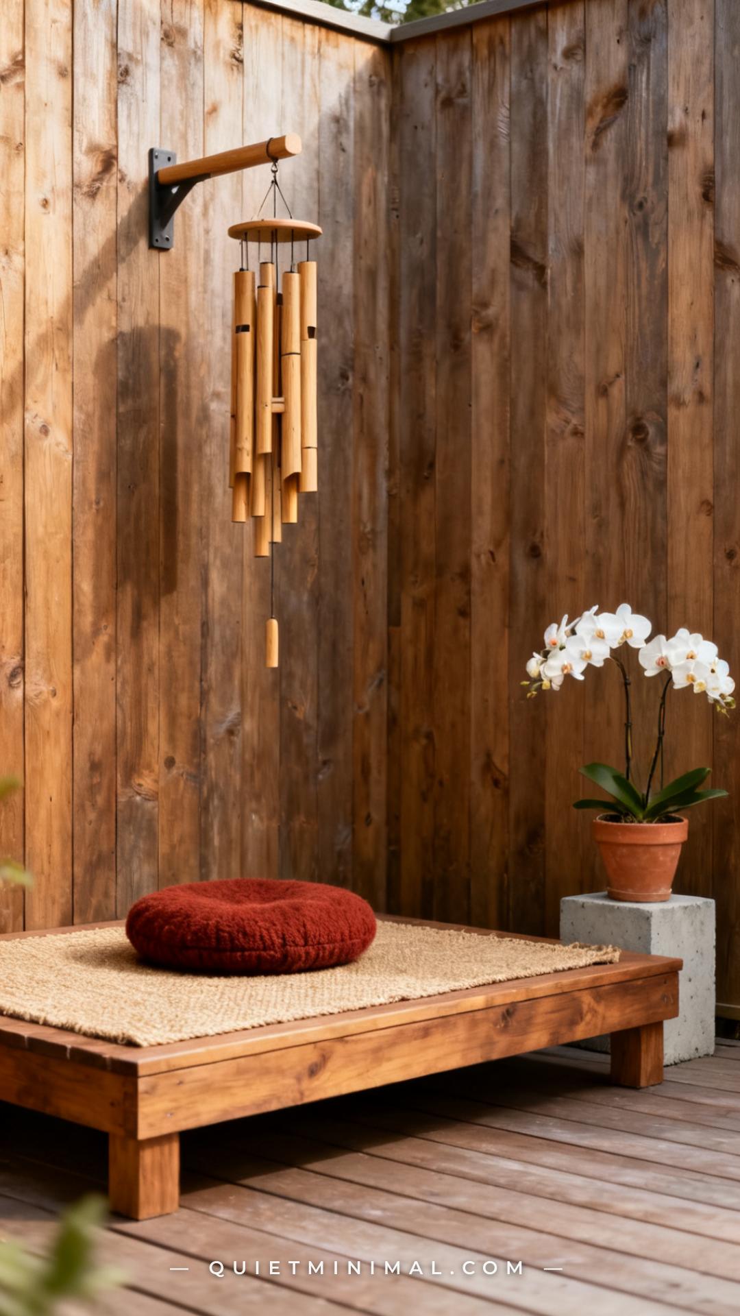 A wide vertical photograph establishes a dedicated meditation corner on a timber-decked patio