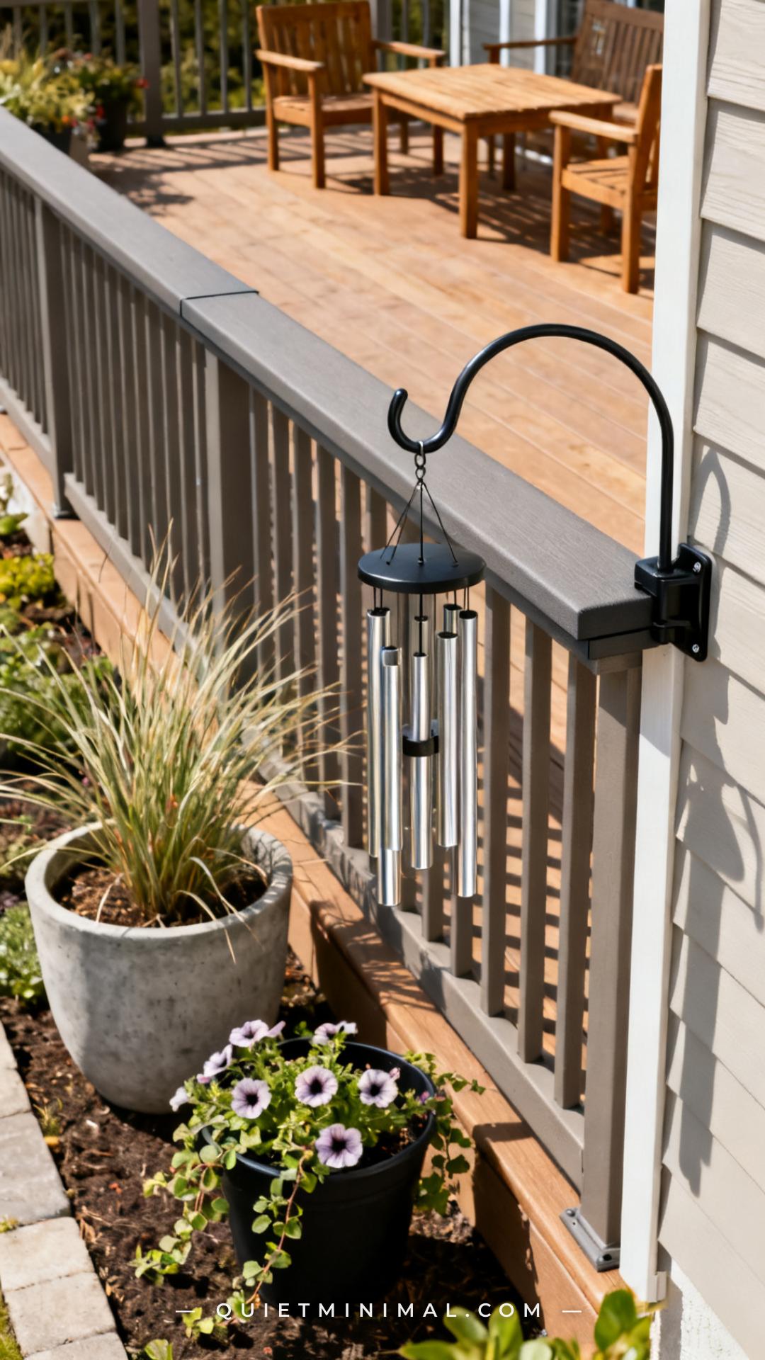 A vertical wide-angle photograph captures a section of a composite deck railing viewed from the deck surface