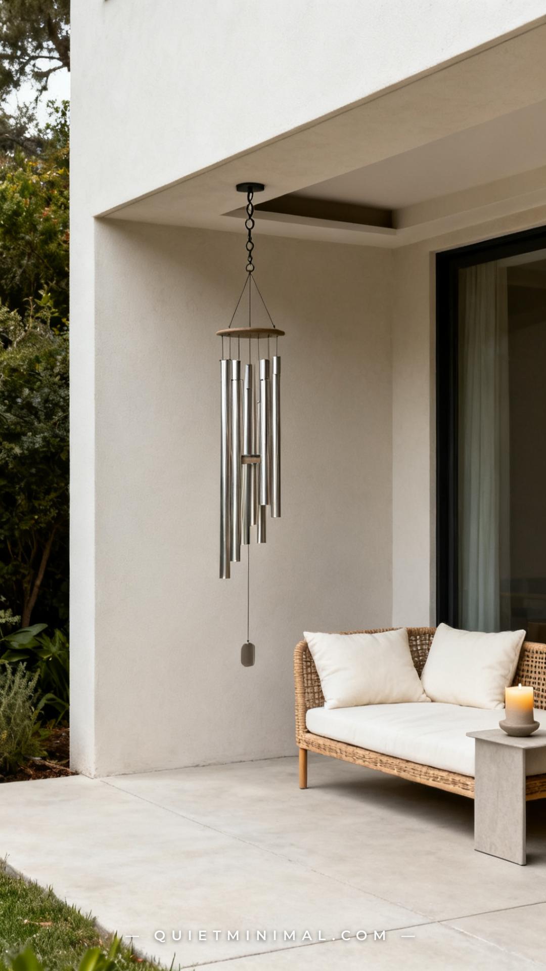 A wide vertical photograph captures a small patio corner with a focus on height-based chime positioning