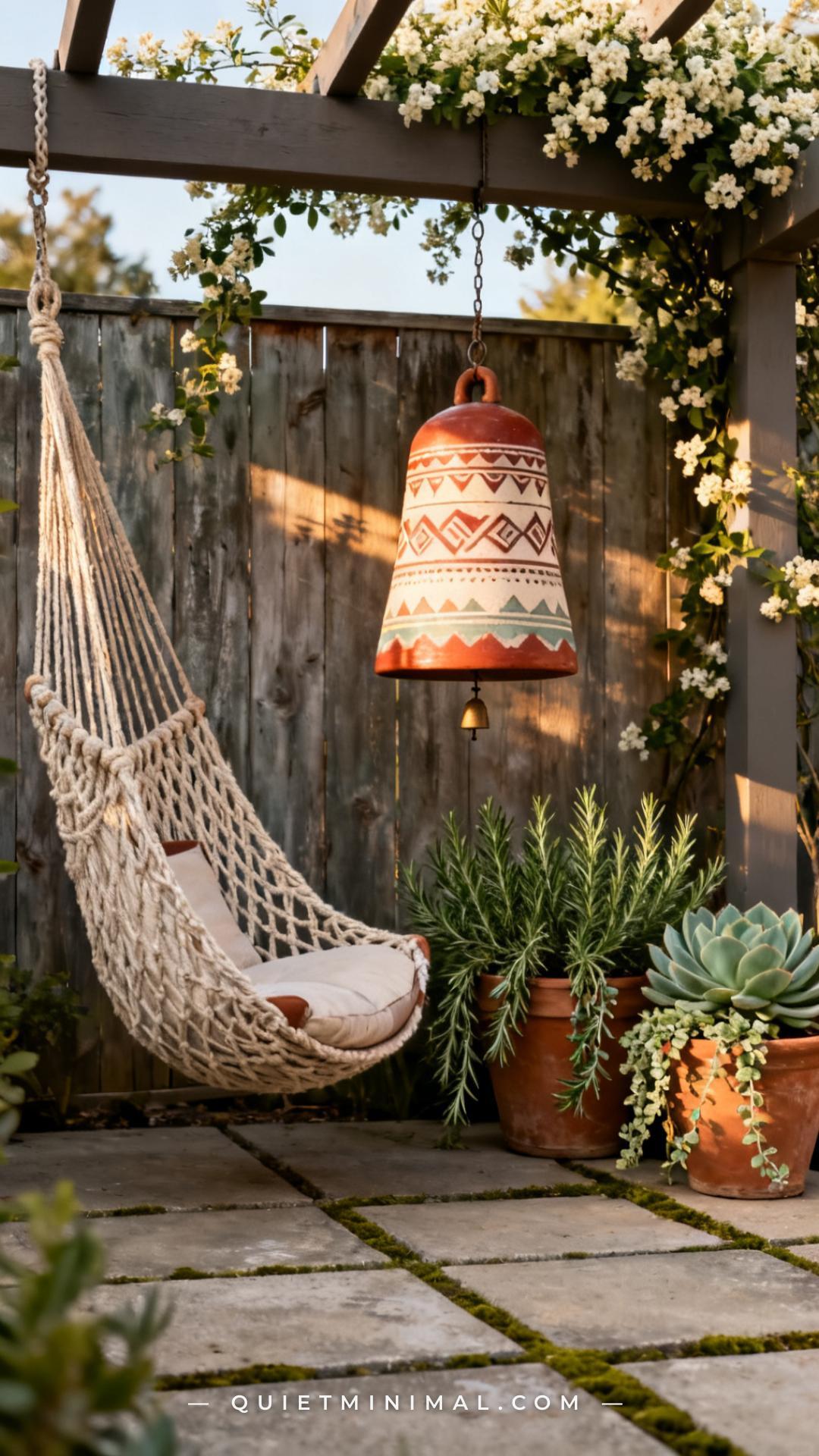 A wide vertical establishing shot captures a full boho-modern patio vignette