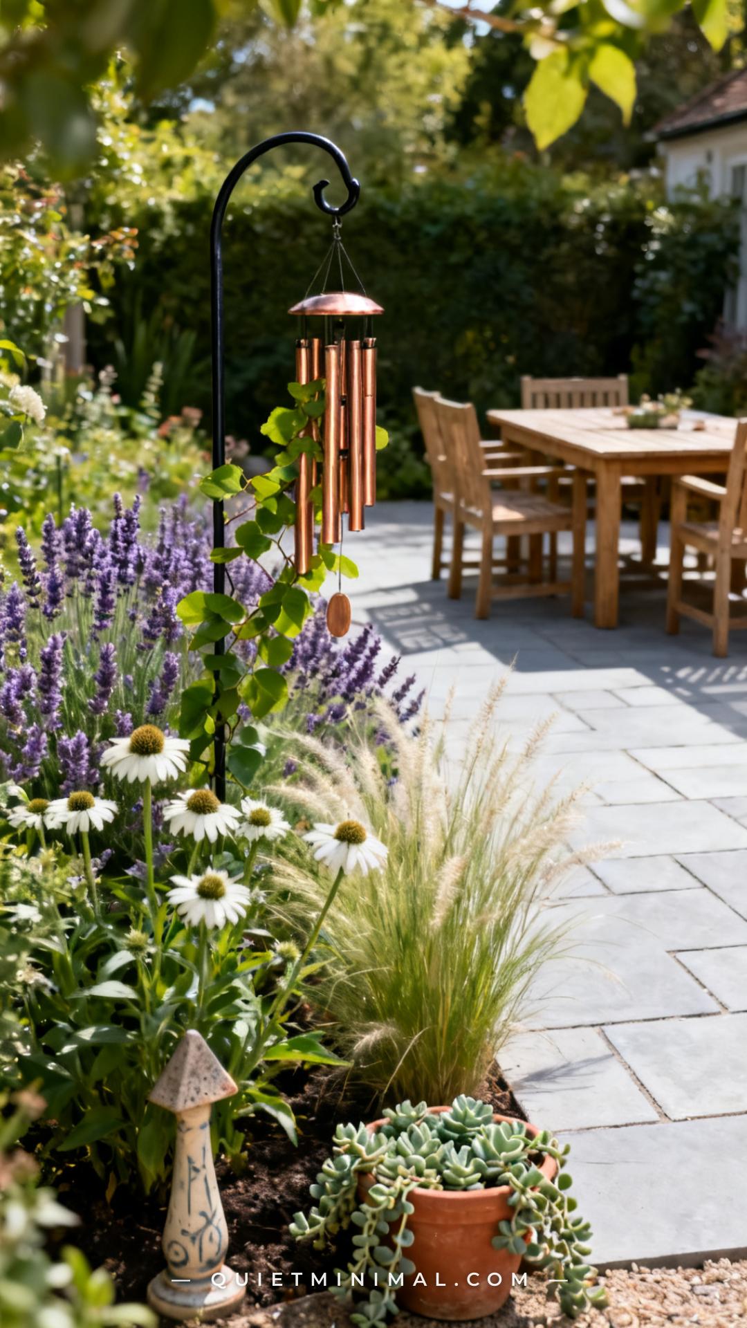 A medium-wide vertical photograph shows a lush cottage garden bed along a patio perimeter