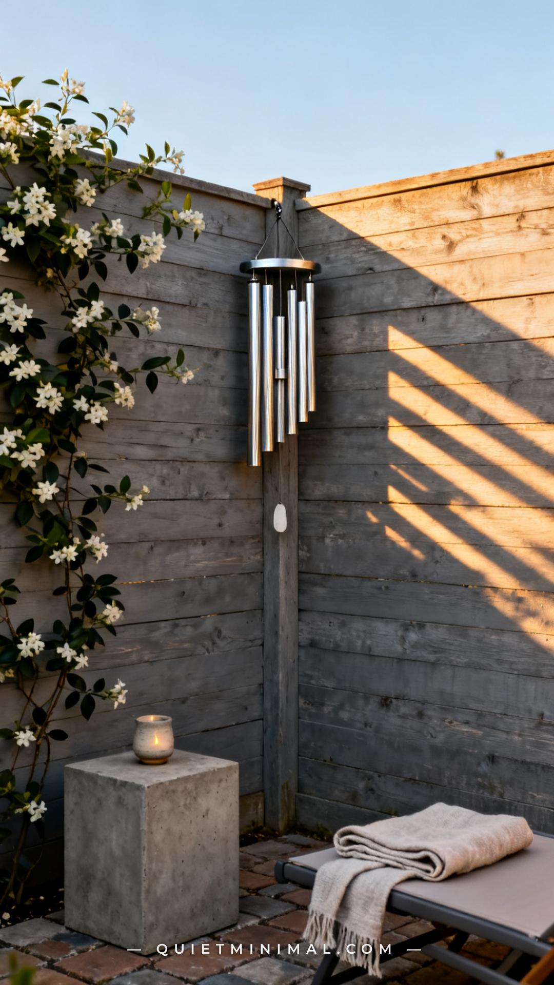 A vertical establishing shot captures a patio corner where two cedar fence panels meet