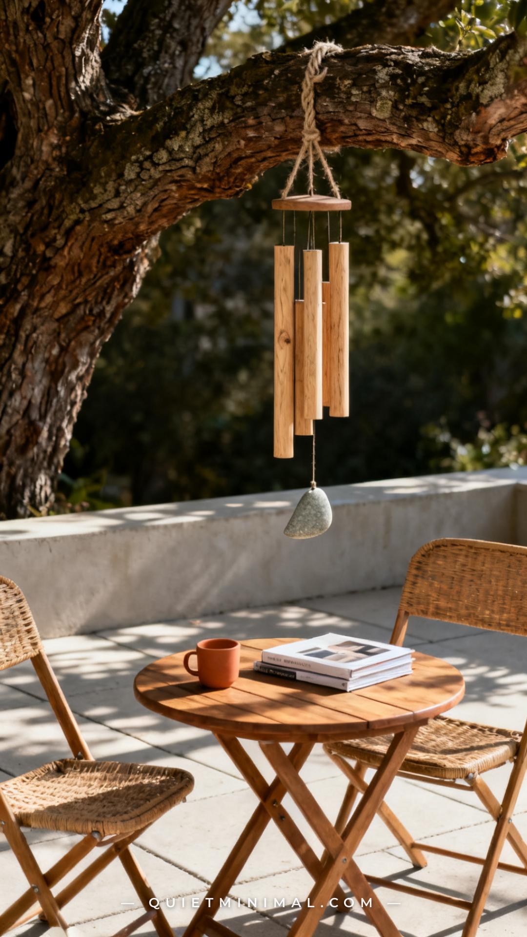 A wide vertical photograph captures a mature shade tree whose large low branch extends over the edge of a patio