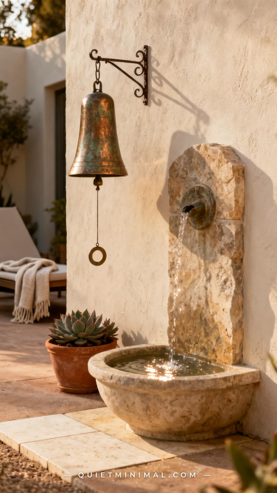A vertical establishing shot captures a small patio corner where a wall-mounted stone water feature trickles water into