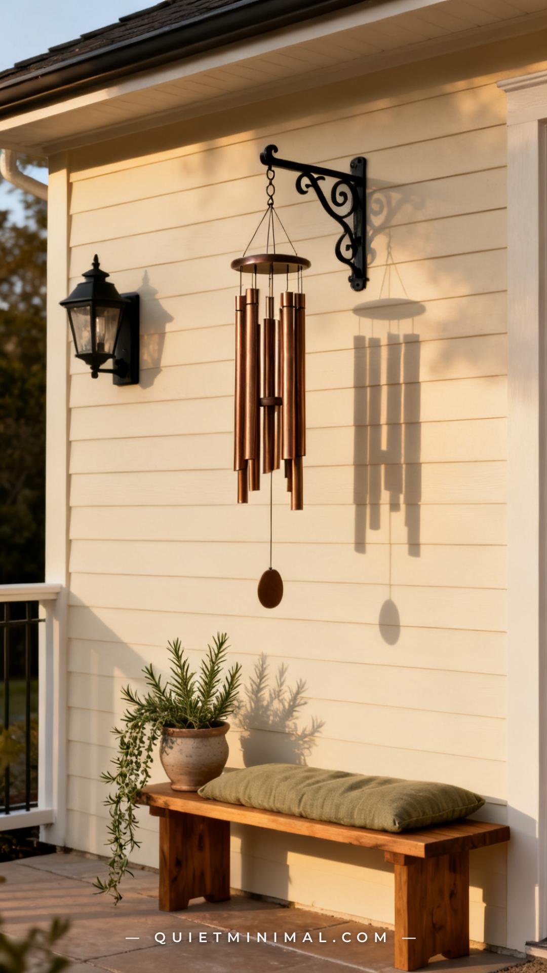 A wide vertical photograph captures a section of a cream-painted exterior house wall meeting a patio