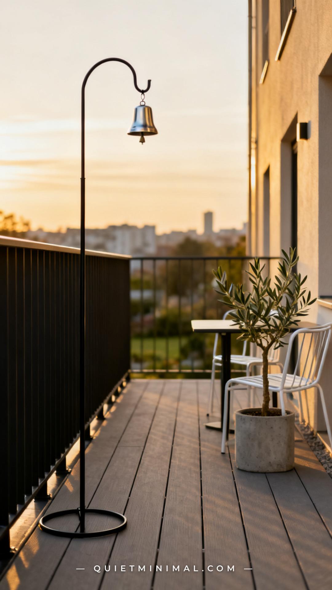 A vertical establishing shot captures a narrow apartment balcony with a clean