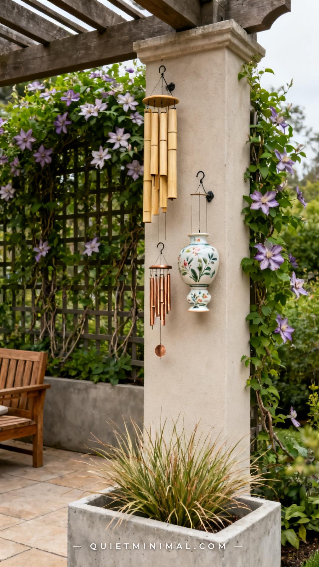 A wide vertical photograph captures a pergola side column with three wind chimes hanging at staggered heights — one at 7
