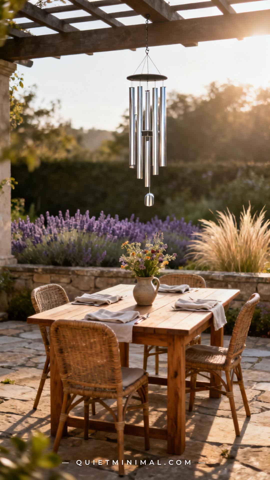 A wide vertical photograph establishes an outdoor dining area on a stone patio