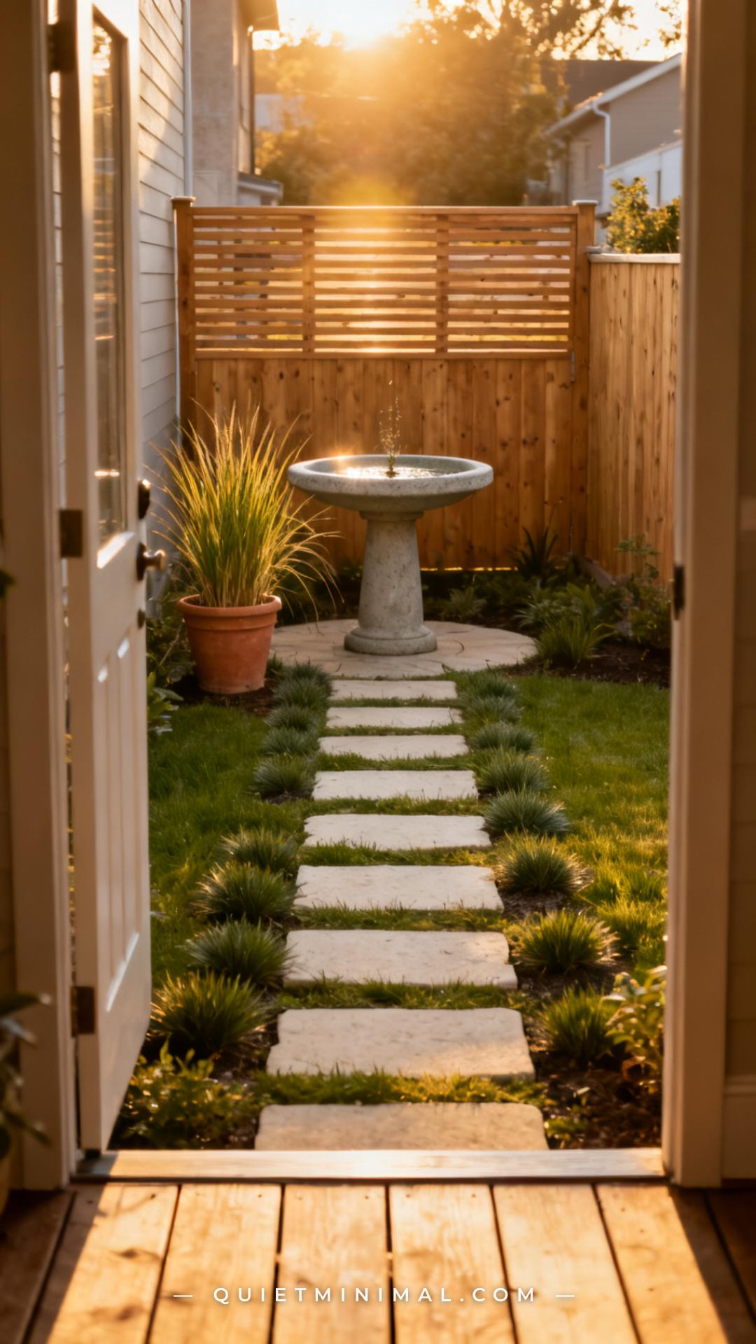 A wide-angle vertical photograph of a small urban backyard showing the full length of the space from a standing position