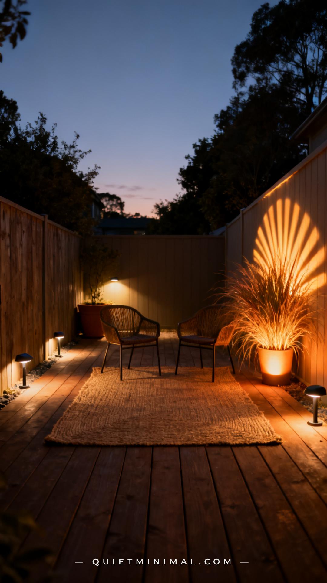 A wide vertical photograph of a small backyard at dusk