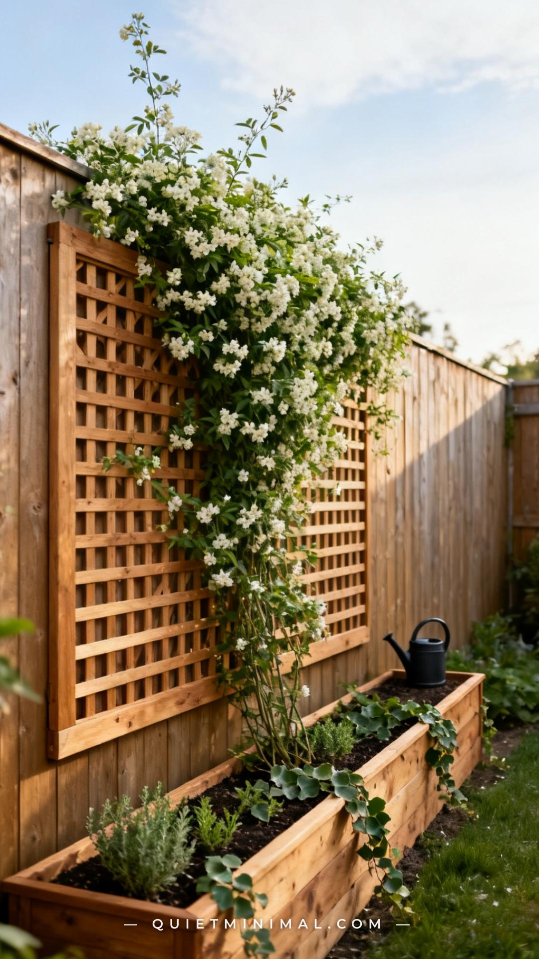 A vertical photograph establishing a full garden fence-line view in a compact backyard