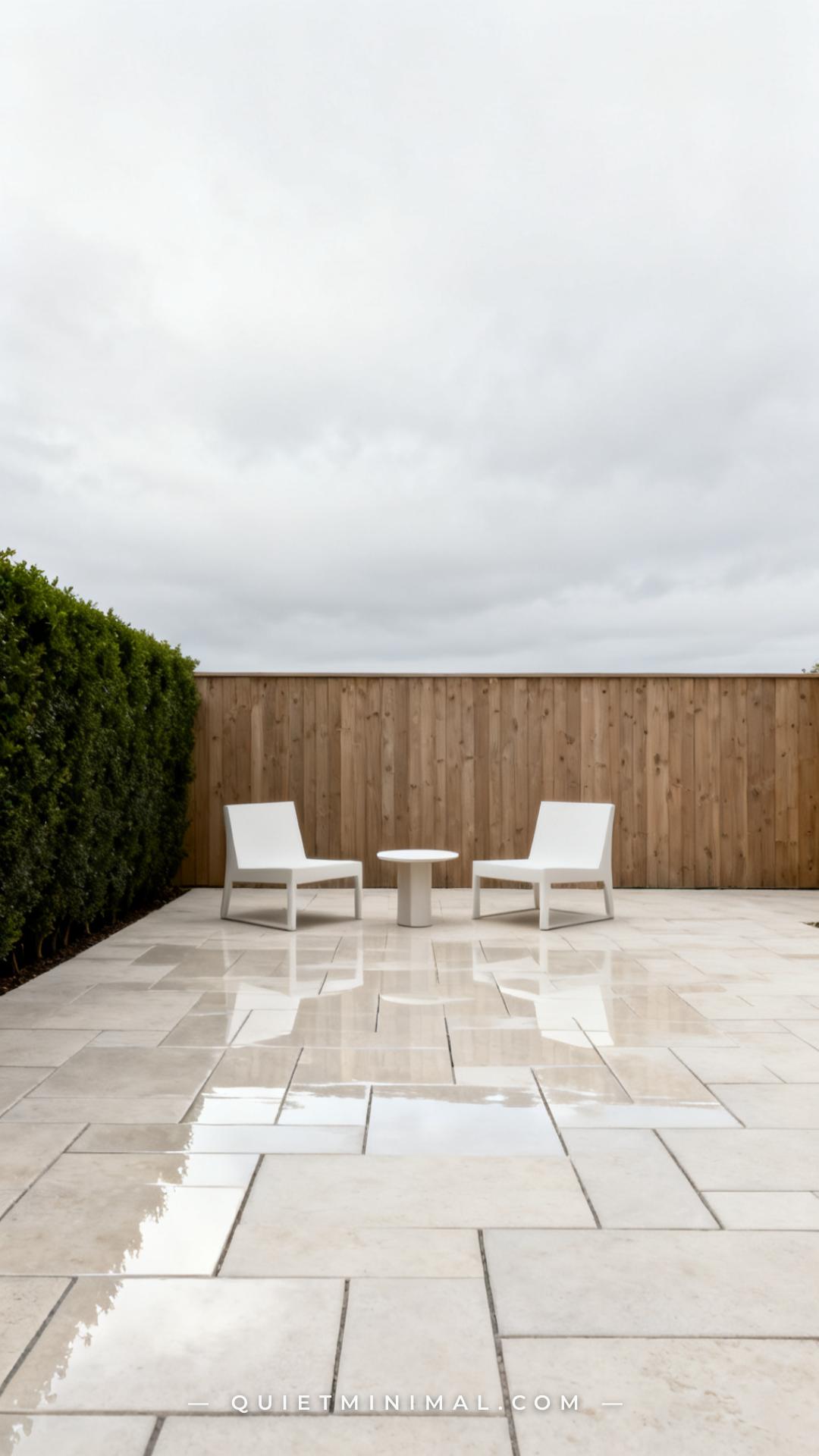 A wide establishing shot of a compact backyard patio
