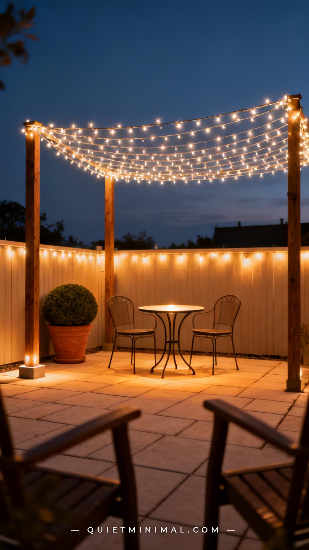 A vertical photograph captures a full backyard patio scene at dusk