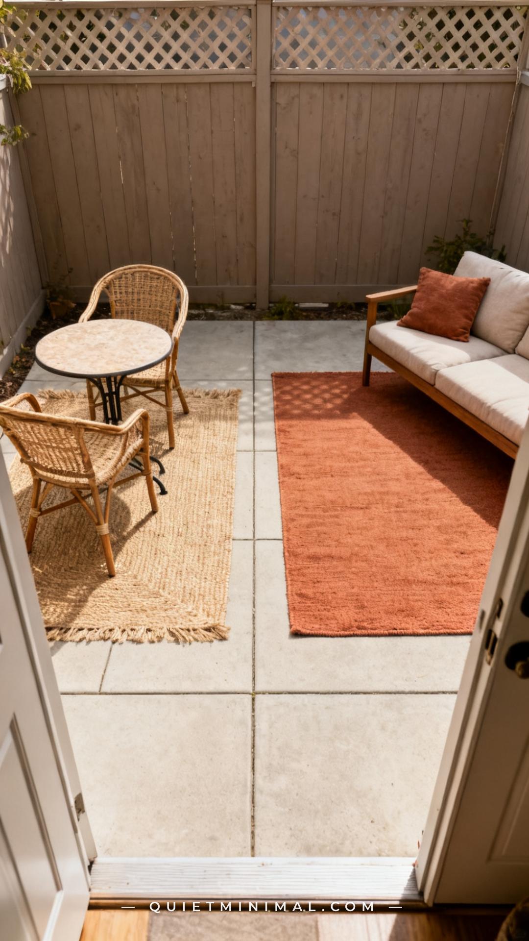 A wide vertical photograph of a small backyard patio from a slightly elevated angle showing the full scene from back doo