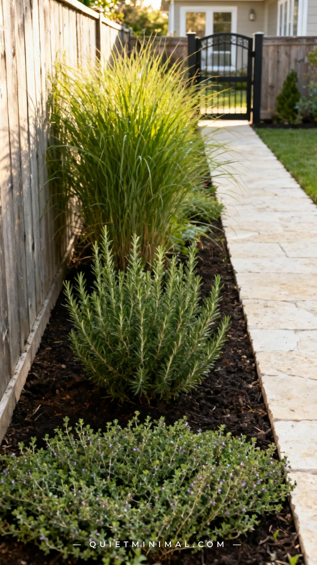 A vertical photograph of a compact side-yard garden border