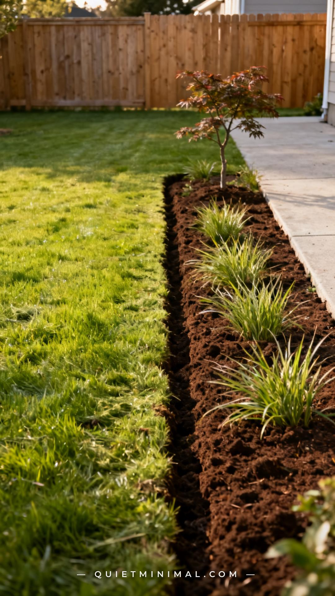 A wide-angle vertical photograph shows a suburban backyard lawn edge meeting a garden bed
