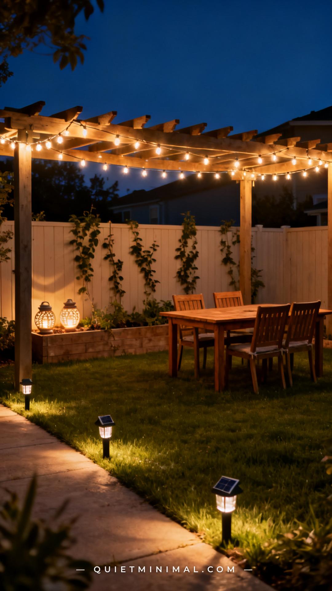 A wide vertical establishing shot captures a suburban backyard at full dusk