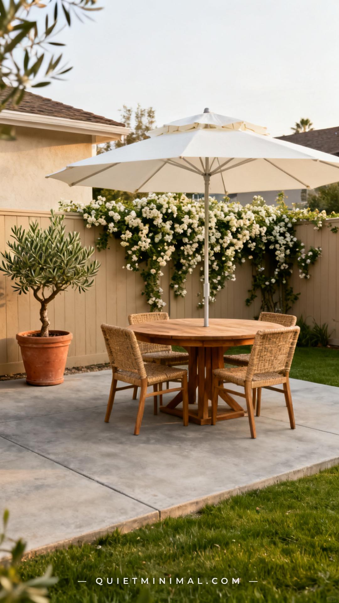 A vertical establishing shot of a suburban backyard patio shows a wide concrete slab freshly coated in a warm buff-gray