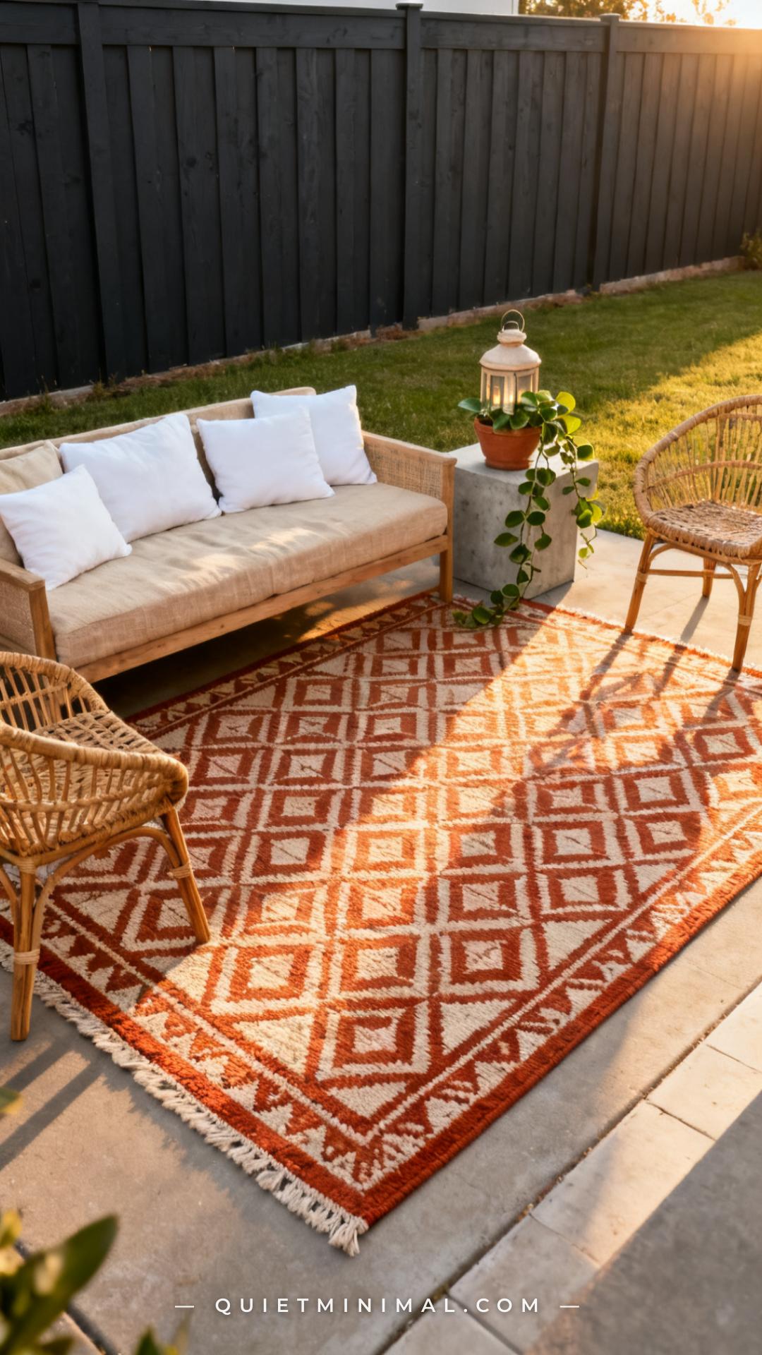 A vertical photograph captures a wide view of a backyard patio seating area anchored by a large flatweave outdoor rug in