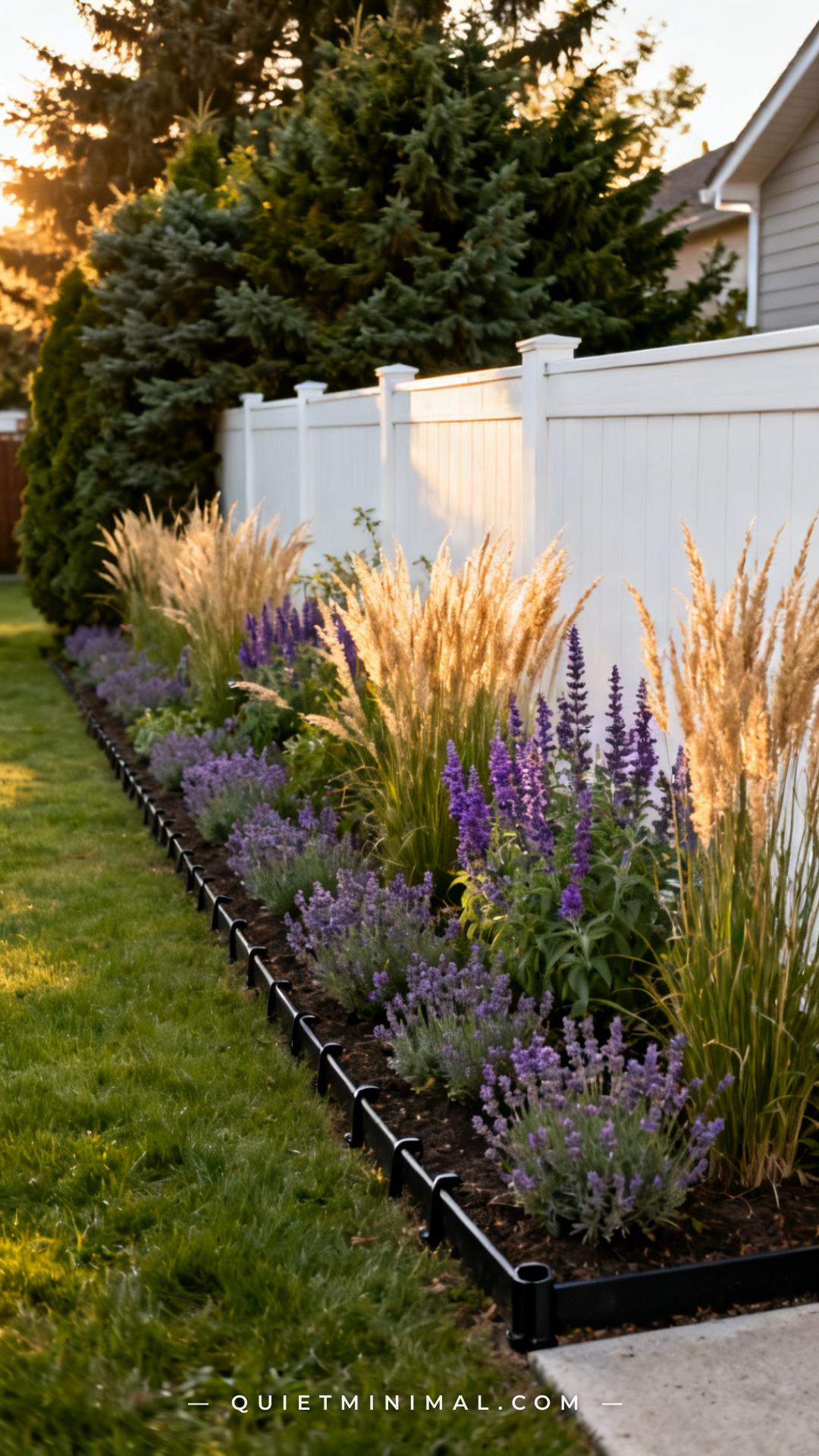 A wide vertical photograph shows the side border of a suburban backyard where a row of overgrown