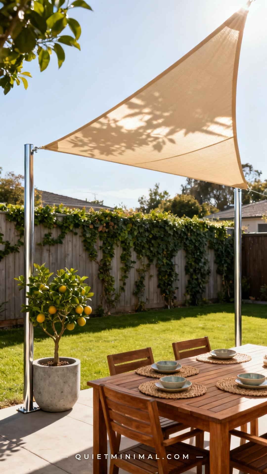 A wide vertical photograph captures a suburban backyard patio with a triangular sand-colored shade sail stretched overhe