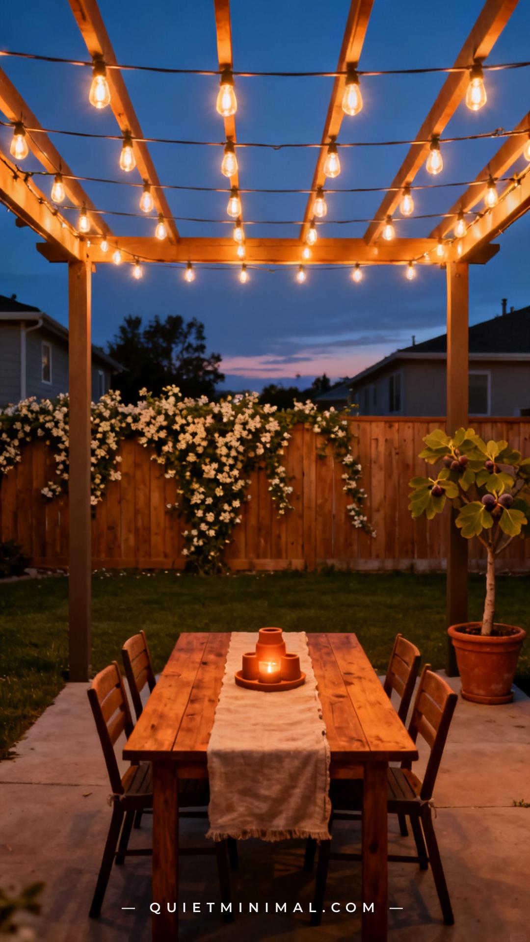 A vertical establishing shot captures a suburban backyard at dusk