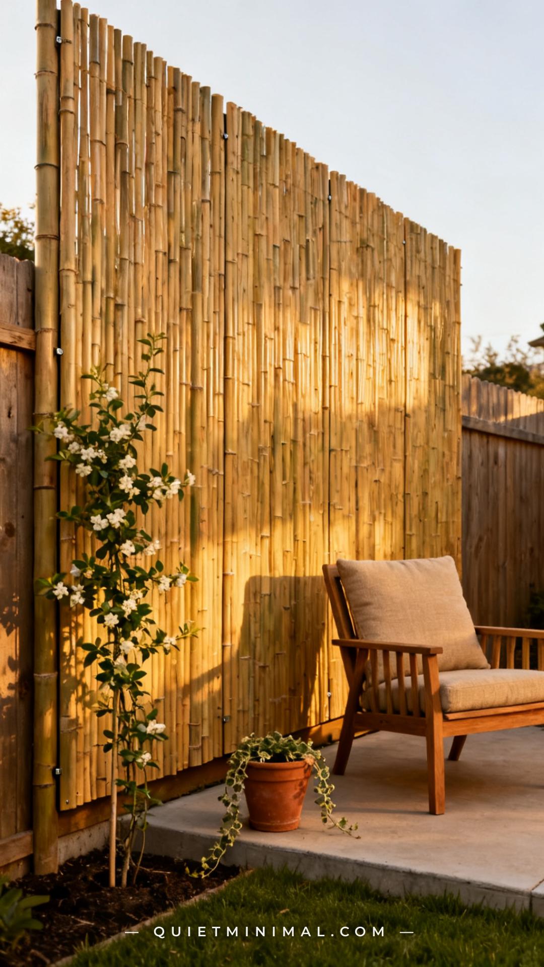 A wide vertical photograph captures a backyard fence line fitted with tall natural bamboo privacy screening panels