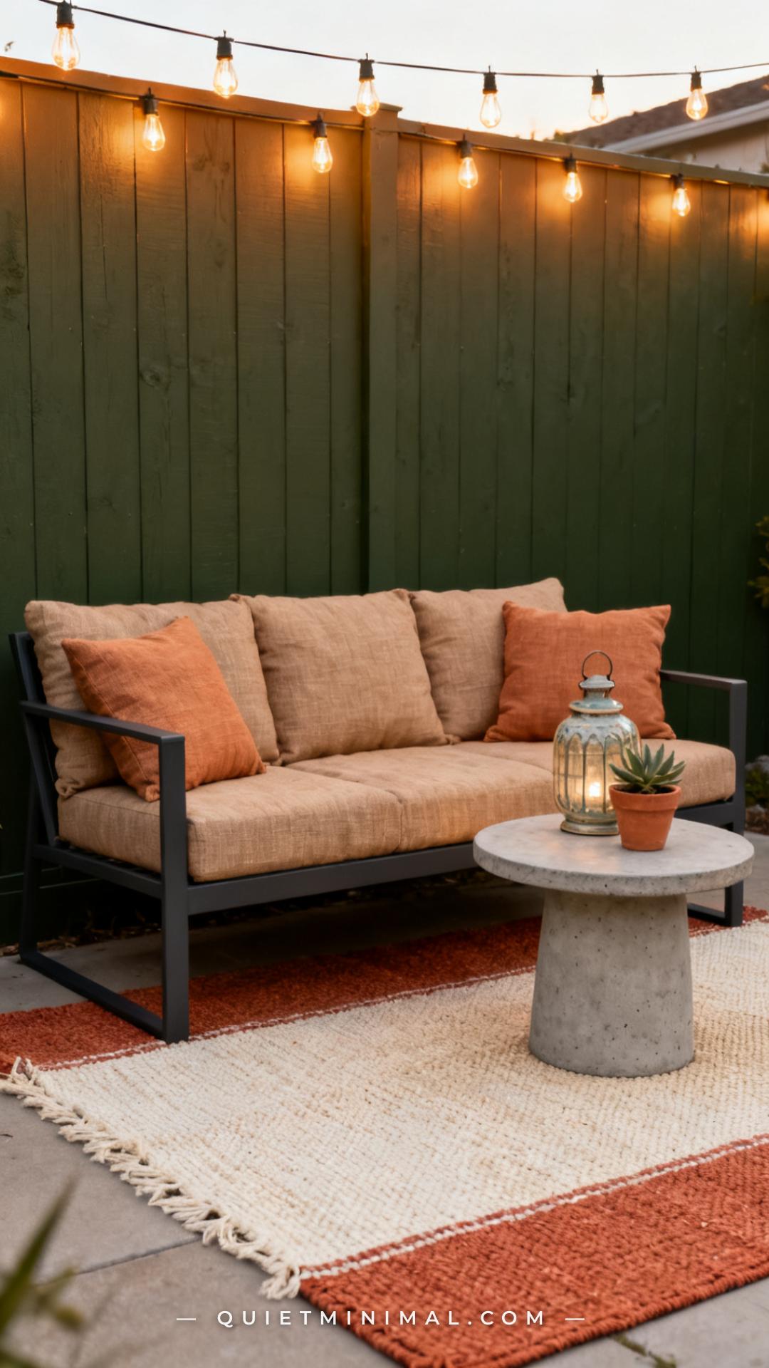 A wide vertical photograph shows a backyard patio with a dark charcoal aluminum outdoor sofa frame