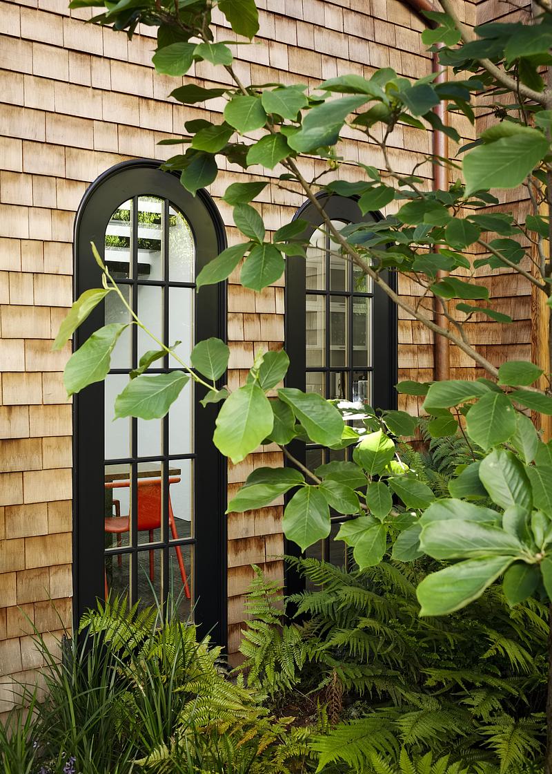 exterior close-up of cedar shingle wall with black-framed arched grid windows, green leafy branches in foreground, ferns