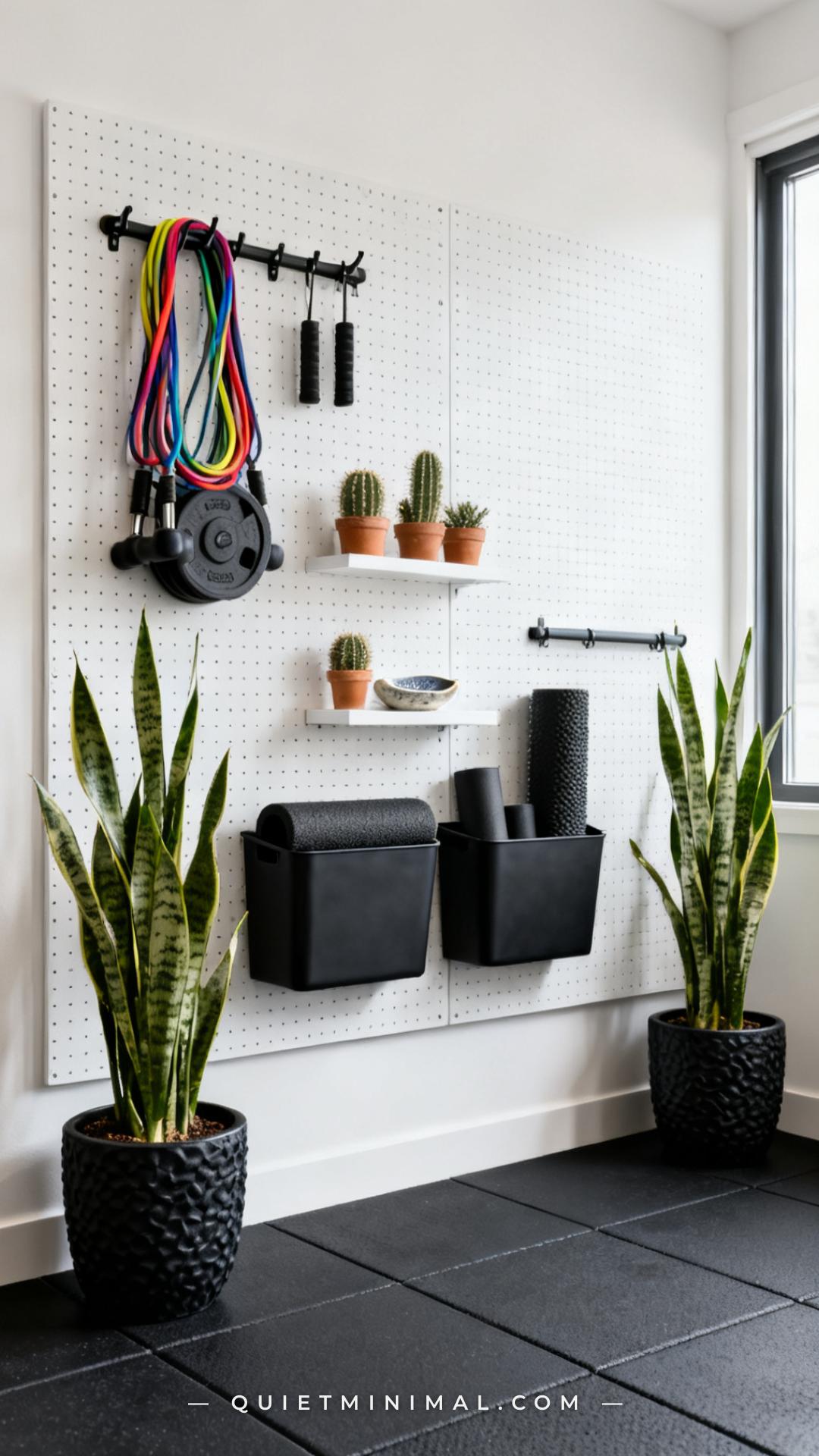 A wide establishing shot of a dedicated home gym wall covered floor-to-ceiling with a matte white pegboard system