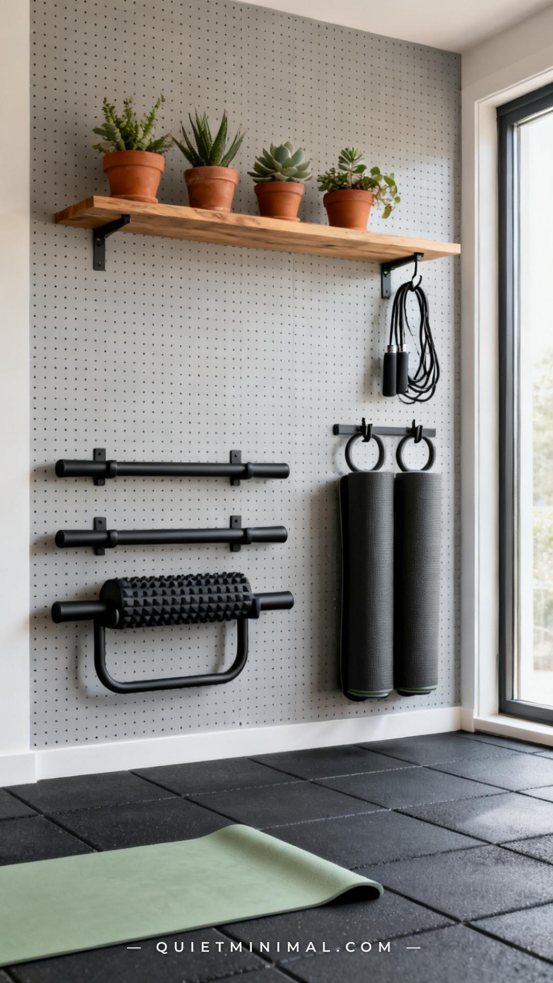A wide-angle view of a home gym's pegboard storage wall