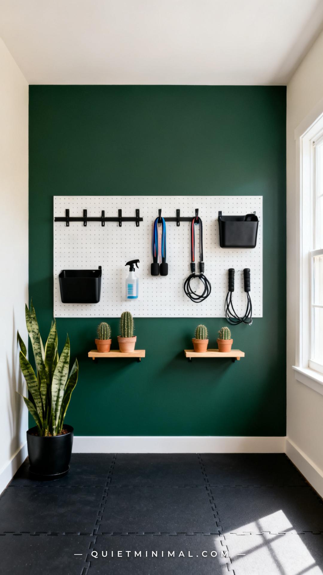 A wide establishing shot of a home gym featuring a pegboard wall mounted against a deep sage-green painted accent wall