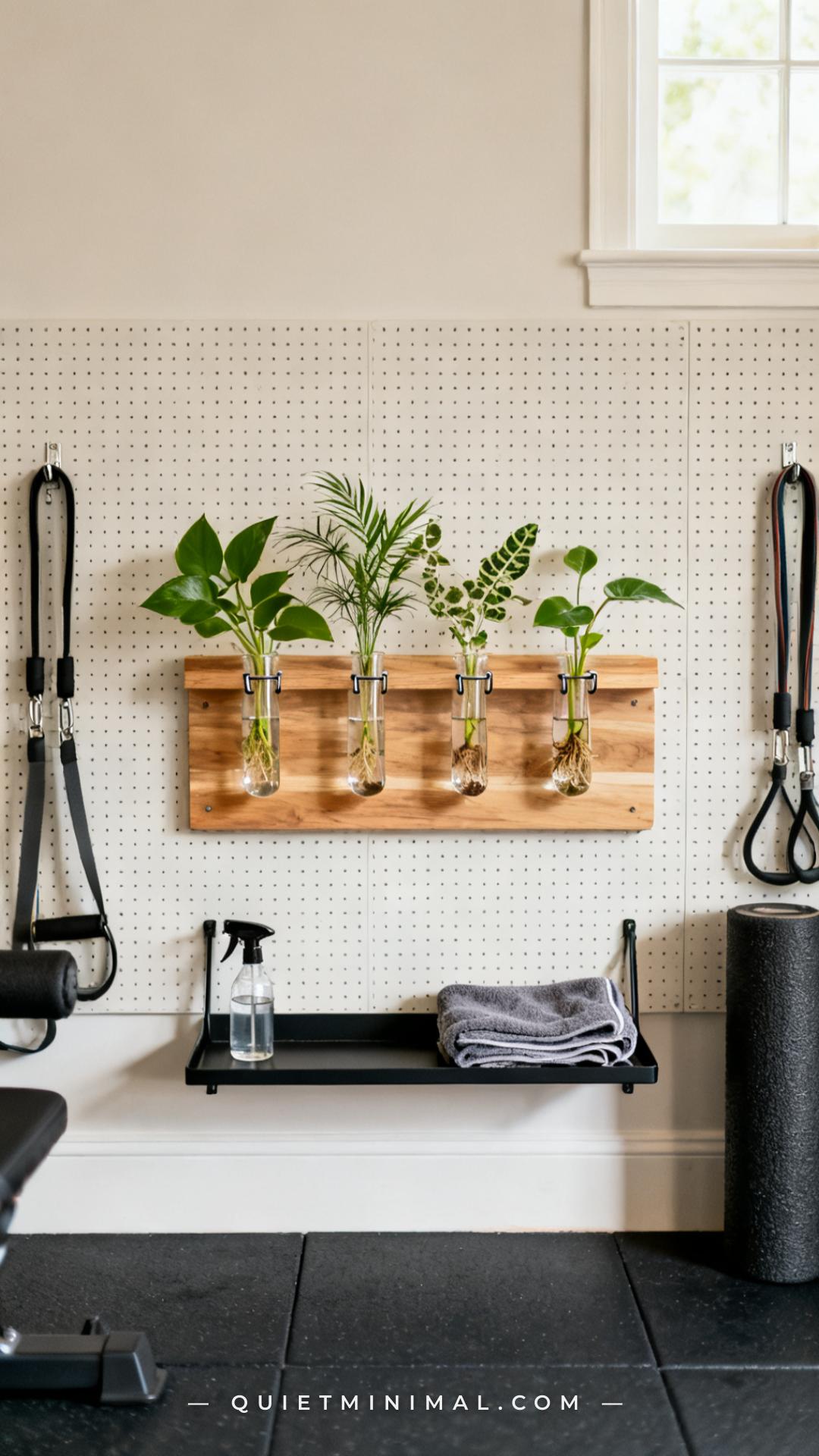 A medium-wide view of a section of a home gym pegboard wall