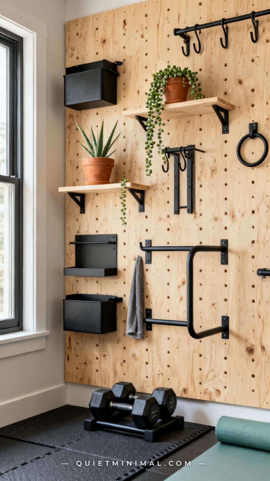 A wide vertical photograph of a home gym pegboard wall