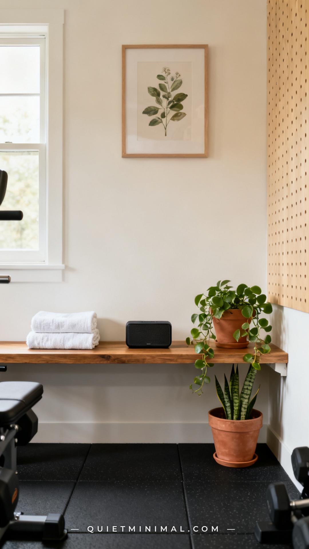 A wide establishing shot of a low wooden bench along the side wall of a home gym